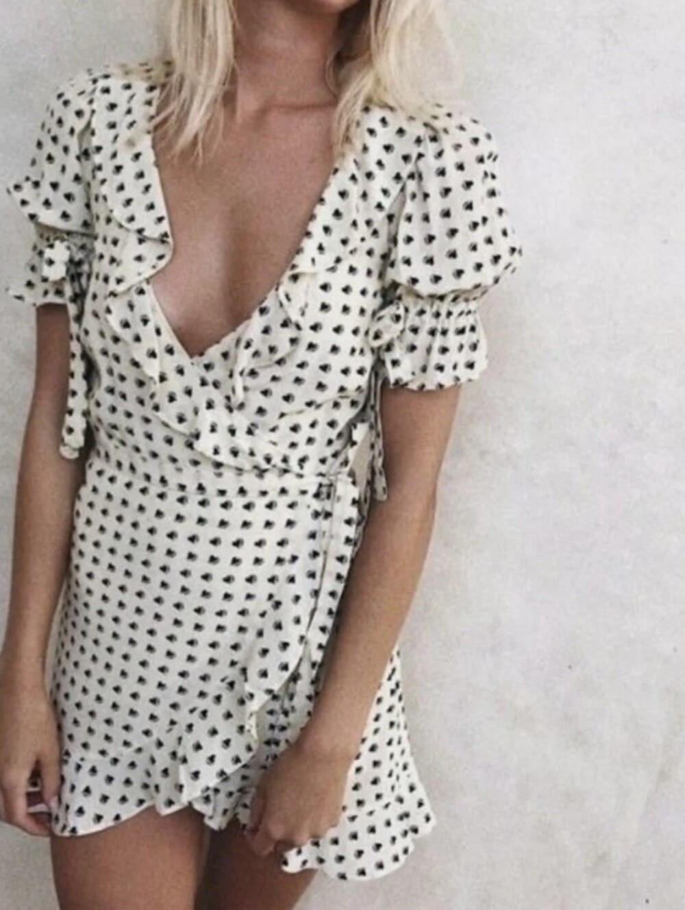 For Love & Lemons White Black Heart Wrap Mini Dress Size Small